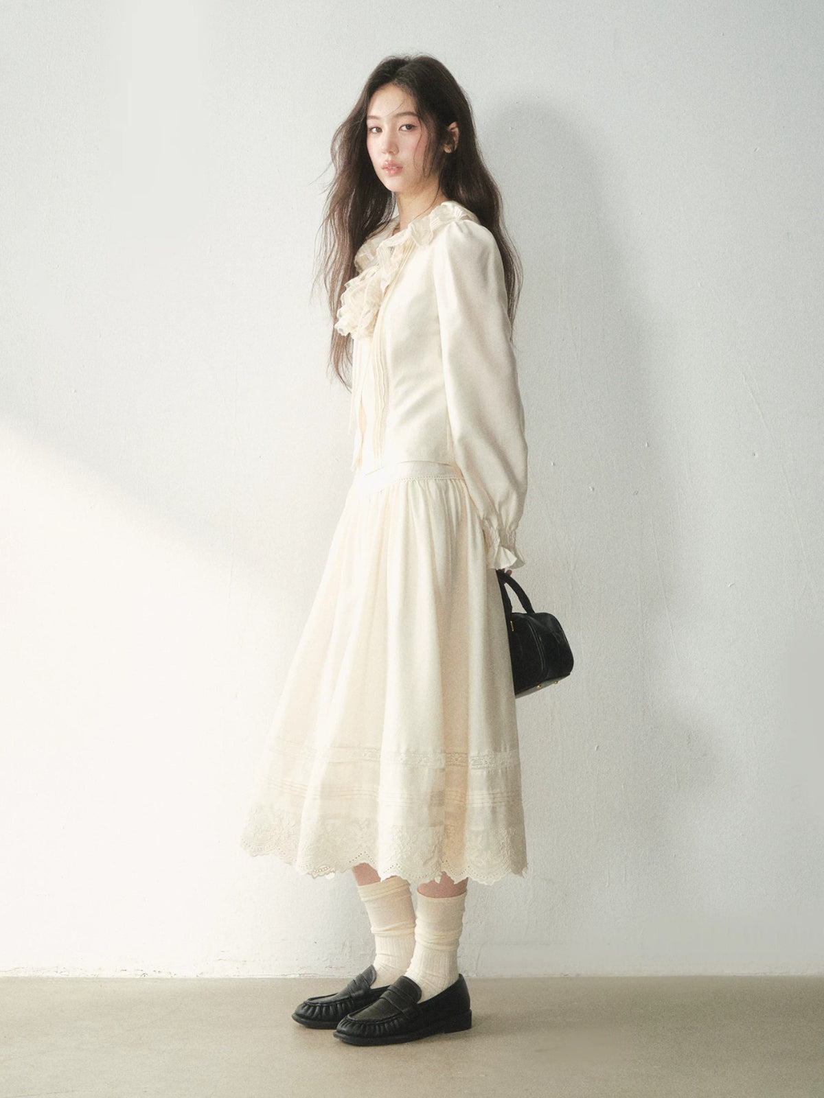 Vintage Ruffle Lace Shirt &amp; Skirt Set