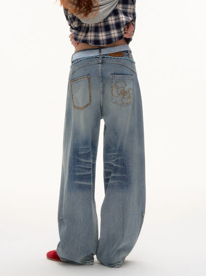 Blue Beaded Washed Denim Pants