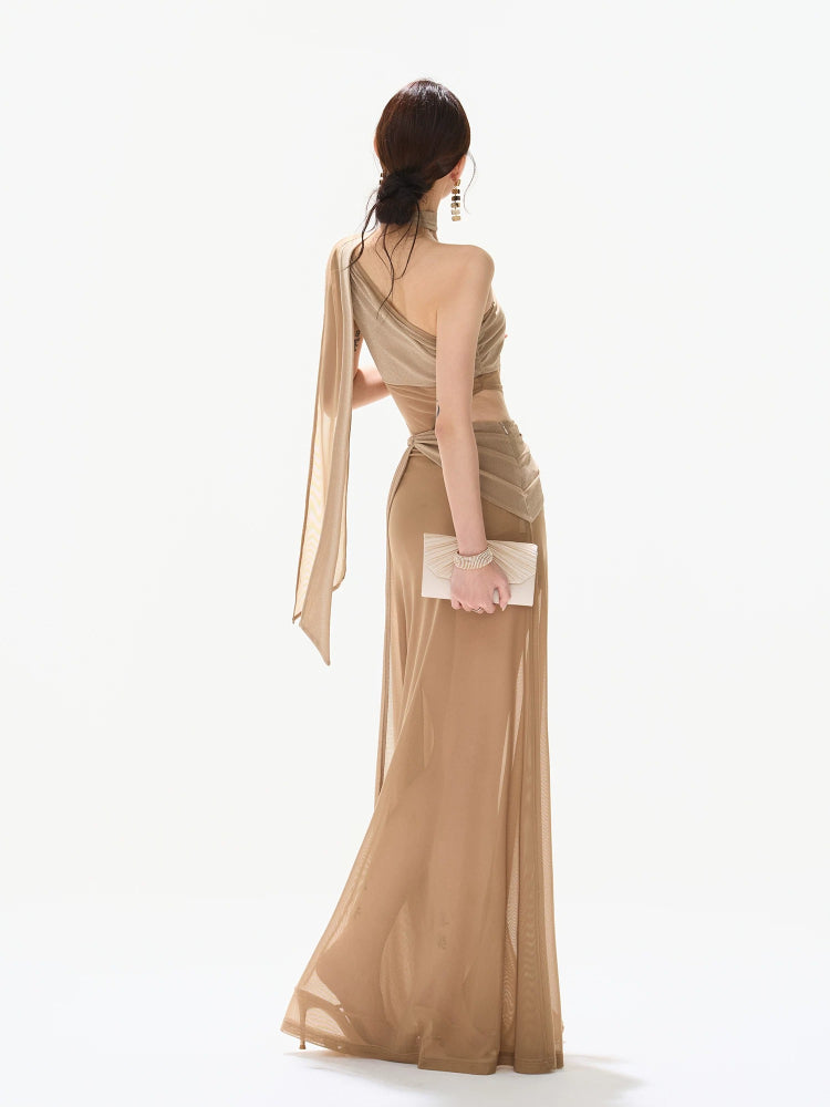 Asymmetric Mesh Maxi Dress