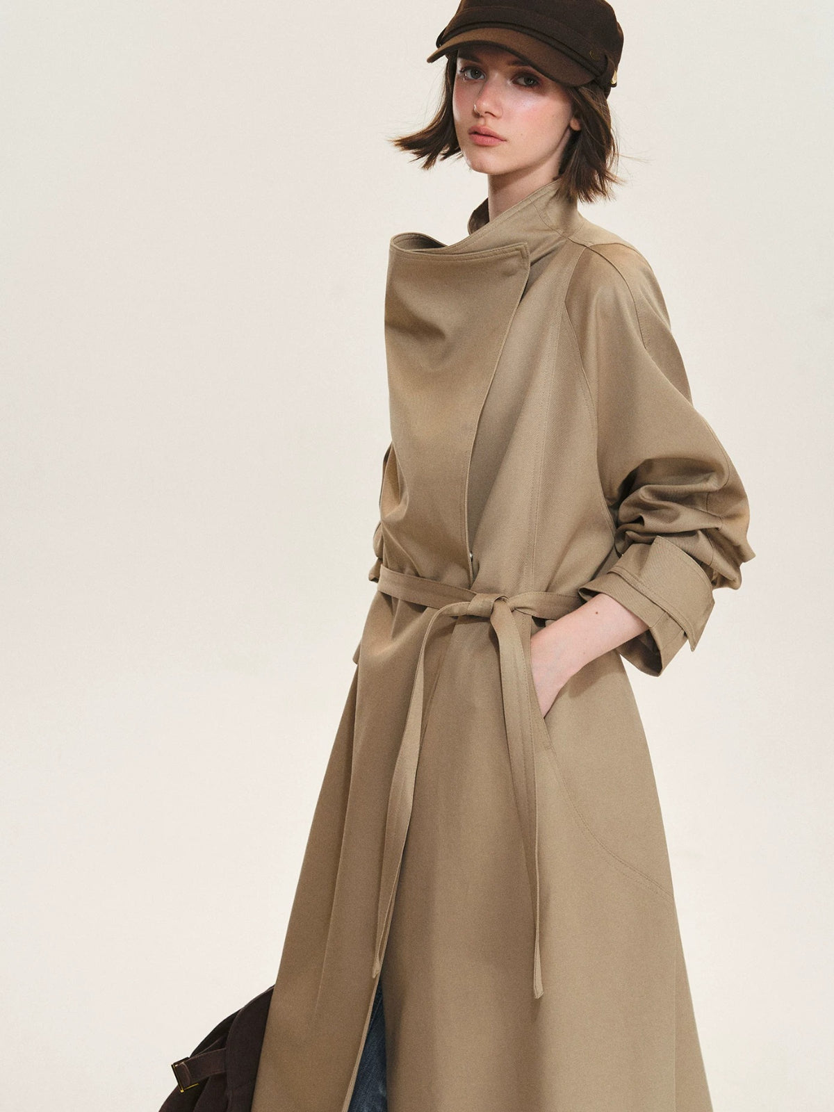 Khaki Waterfall Collar Trench Coat