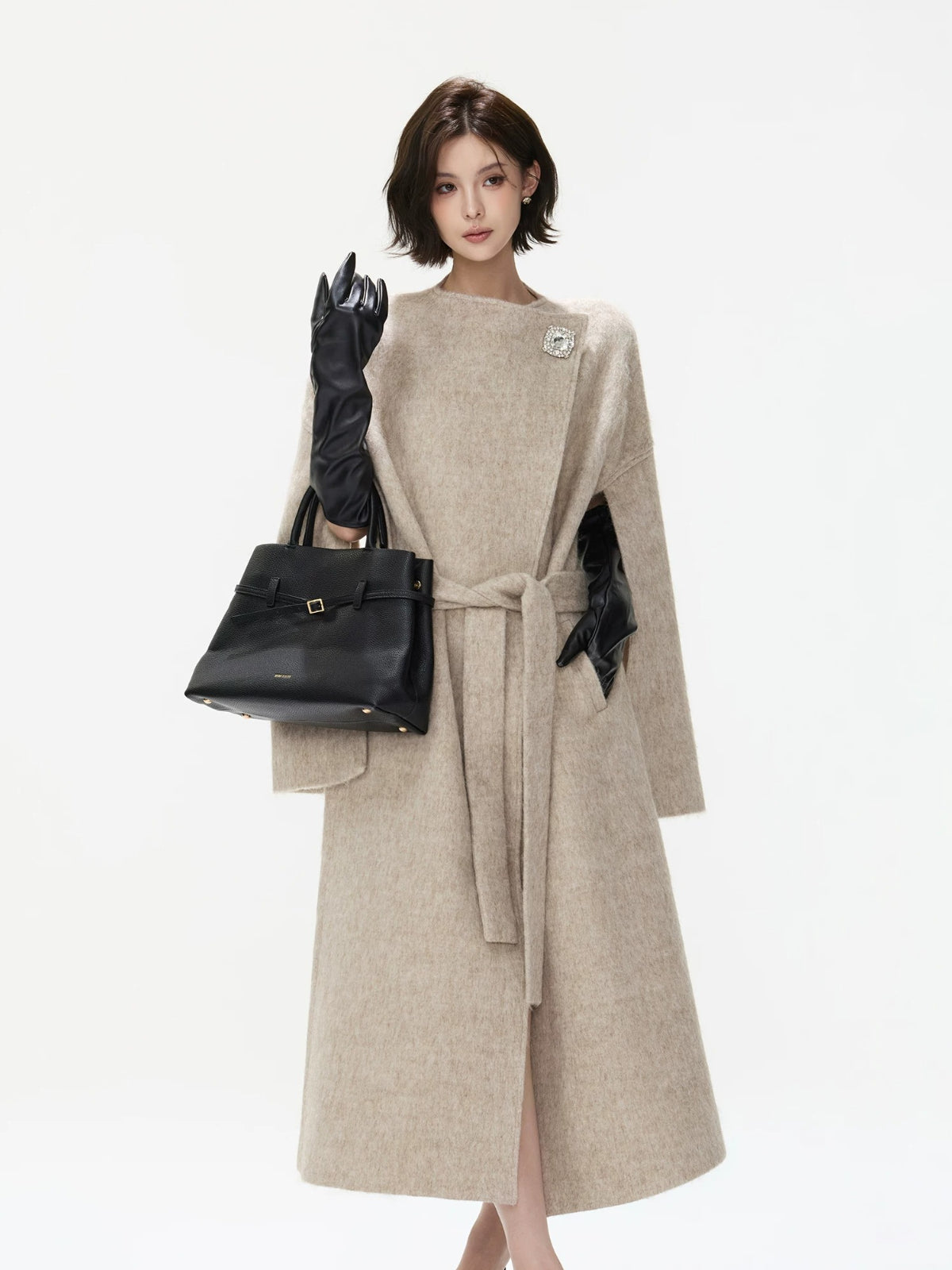 Embellished Buckle Belted Wool Blend Coat