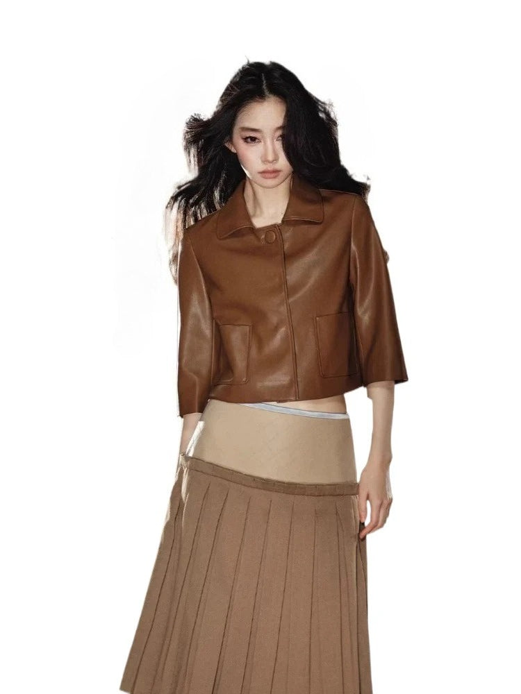 Satin Pleated A-Line Skirt Leather Jacket Set