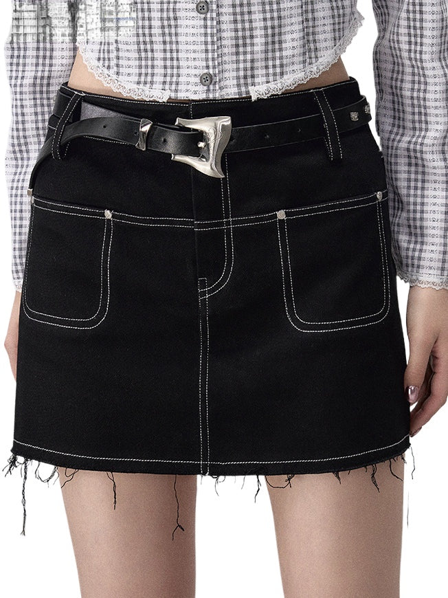 Black Denim 2-in-1 Studded Frayed Mini Skirt