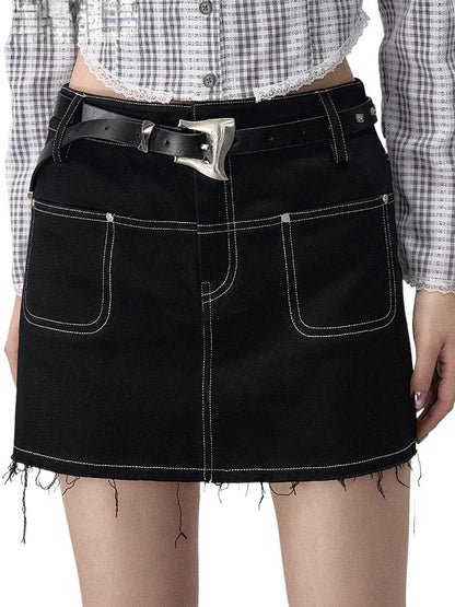Black Denim 2-in-1 Studded Frayed Mini Skirt