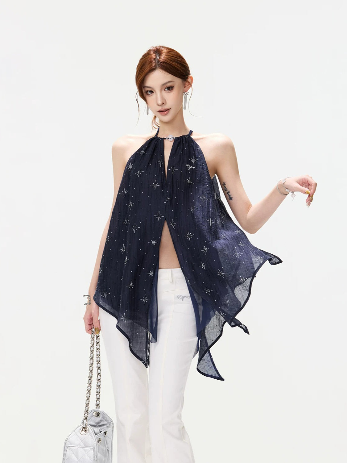 Rhinestone Halter Chiffon Top
