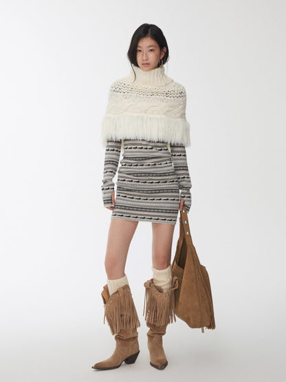 Cable Knit Fringed High-Neck Wool Blend Poncho