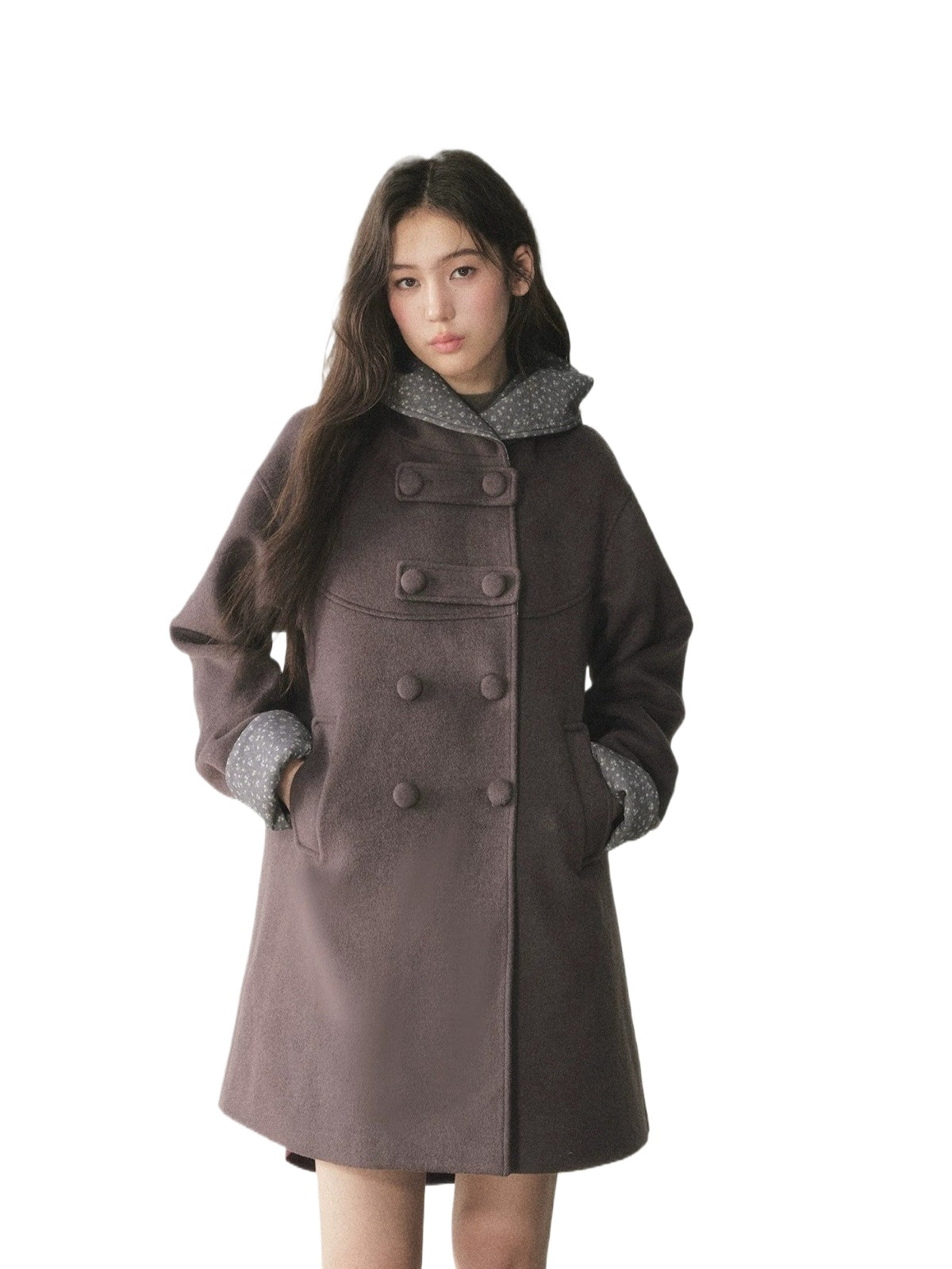 Double-Breasted Floral Hooded Wool Coat