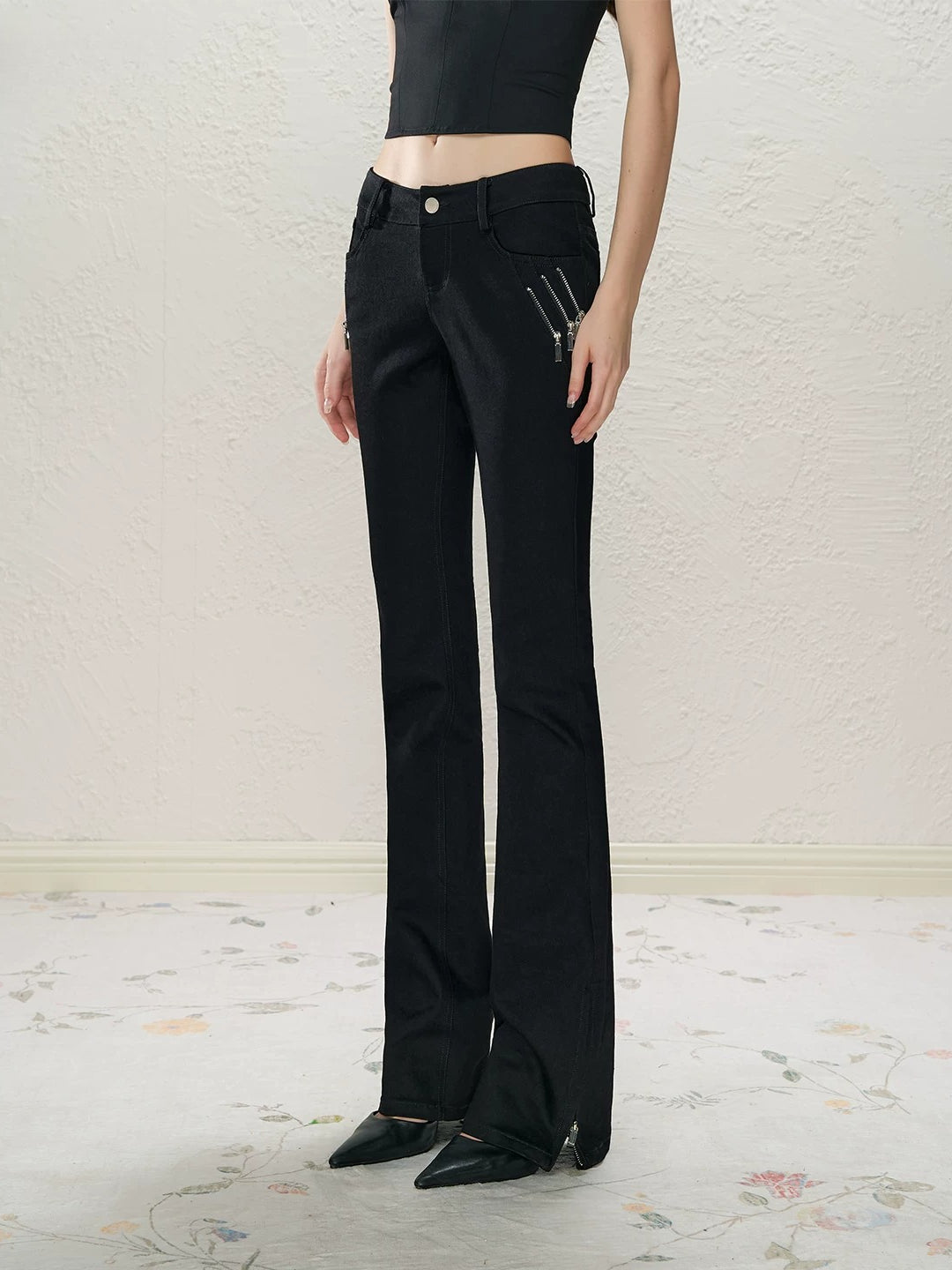 Black Low-Rise Slit Pants