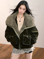 Velvet Denim Oversized Fur Collar Down Jacket