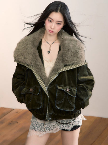 Velvet Denim Oversized Fur Collar Down Jacket