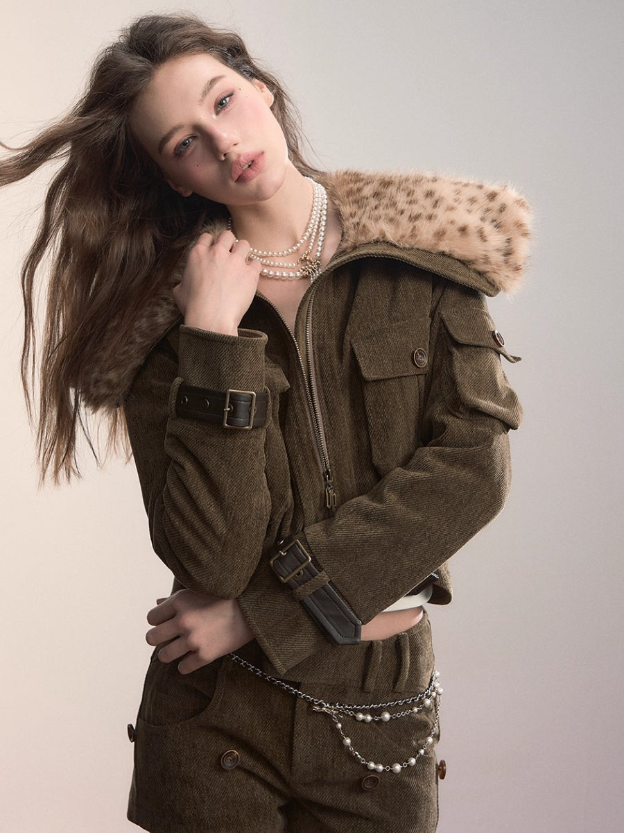 Leopard Print Oversized Fur Collar Thickened Coat