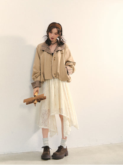 Beige Lace Irregular Hem Midi Skirt