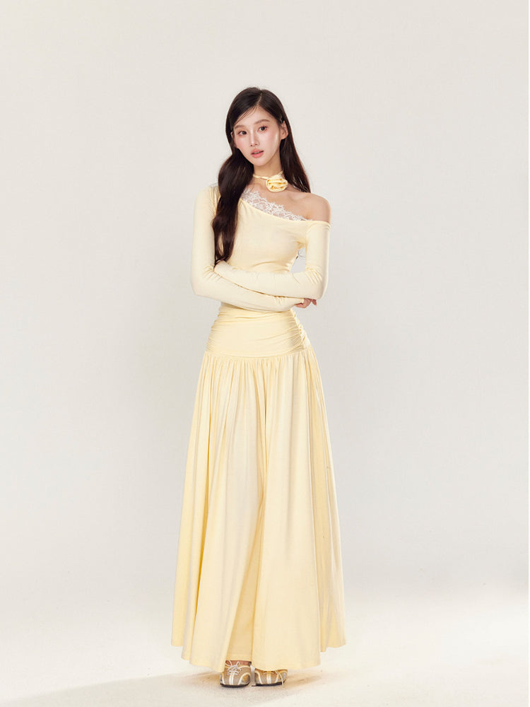 Off-Shoulder Asymmetrical Waist Pleated Dress