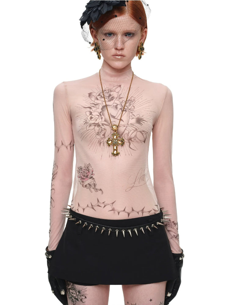 Tattoo Mesh Long Sleeve Top