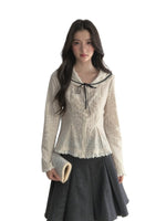 Beige Textured Sailor Collar Shirt & Skirt Set