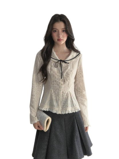 Beige Textured Sailor Collar Shirt &amp; Skirt Set