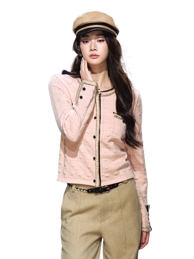 Pink Plaid Openwork Cardigan