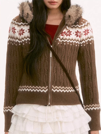 Brown Fair Isle Hooded Cardigan