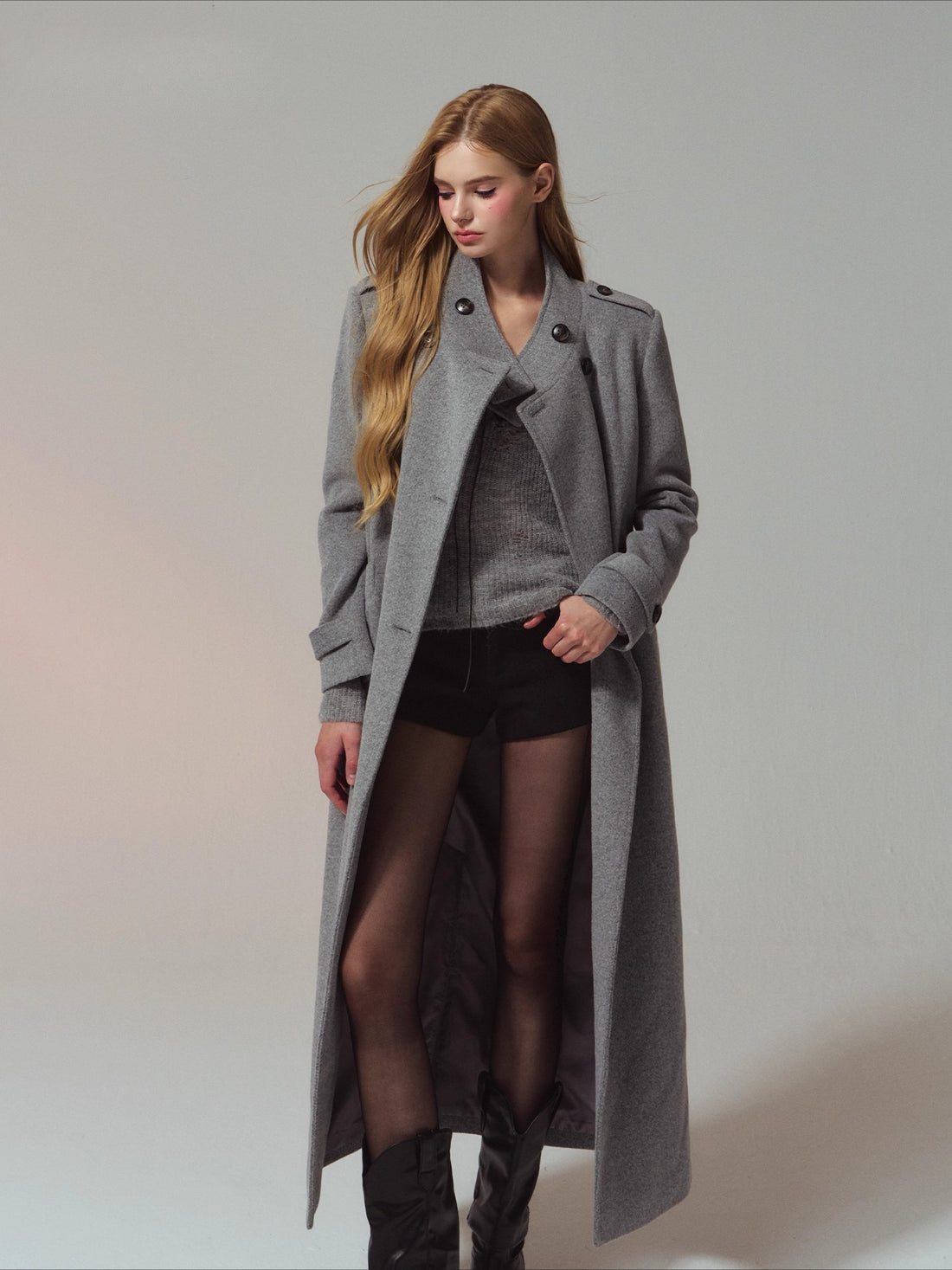 Structured Epaulette Stand-Collar Wool Long Coat