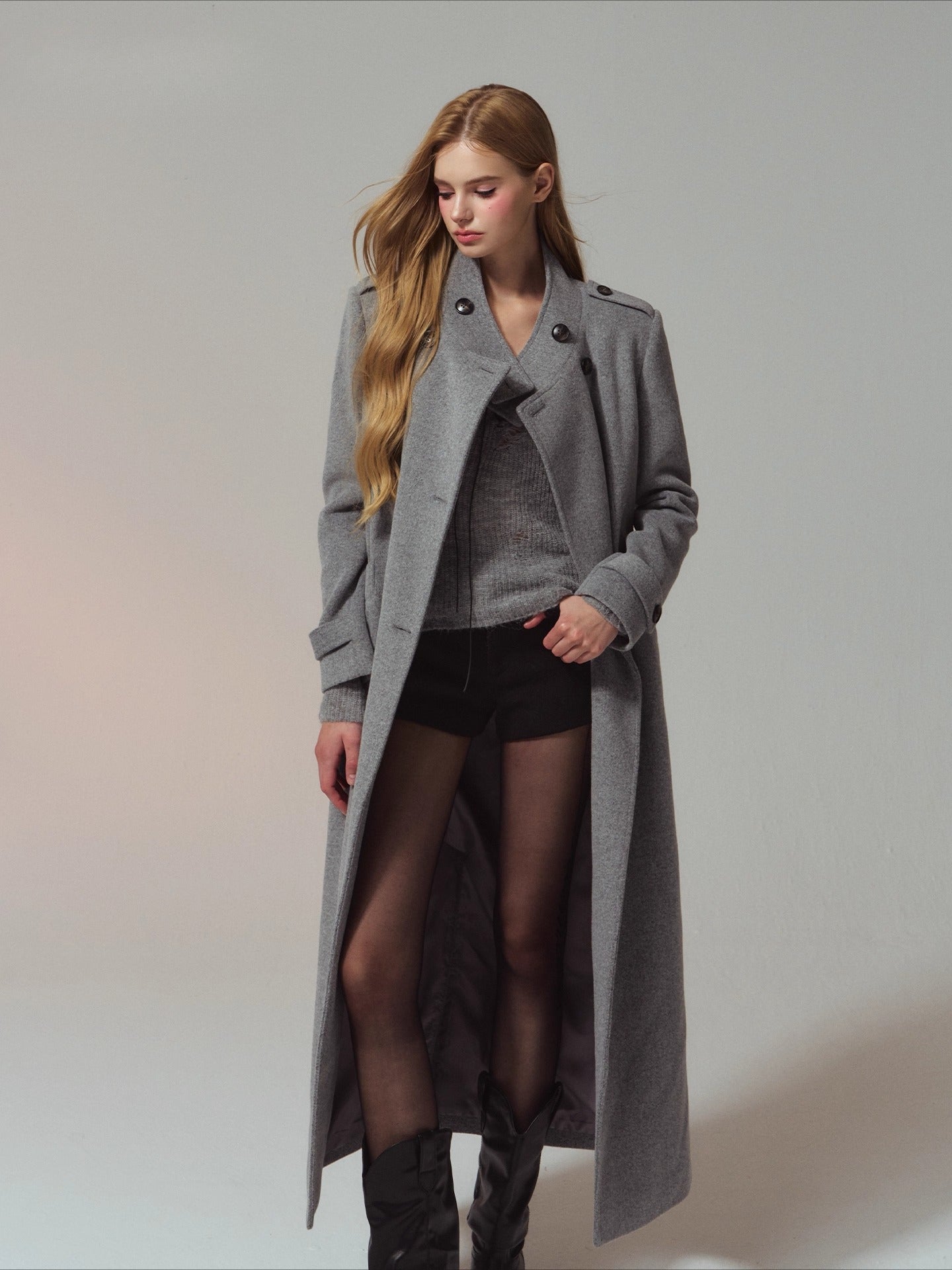 Structured Epaulette Stand-Collar Wool Long Coat