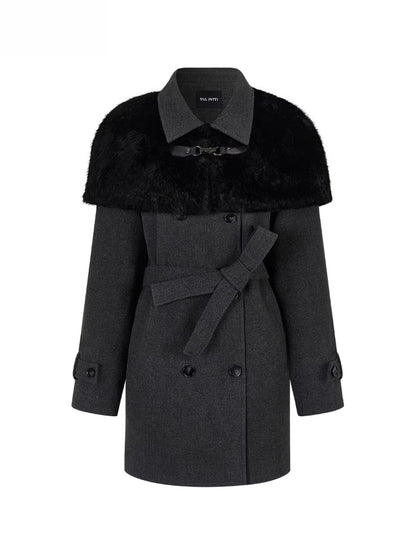Fur Collar Cape-Style Wool Coat
