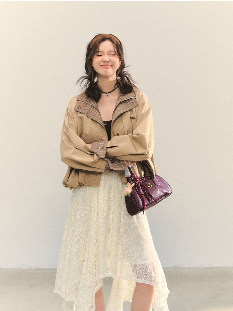 Two-piece Plaid Spliced Cocoon-shaped Trench Jacket