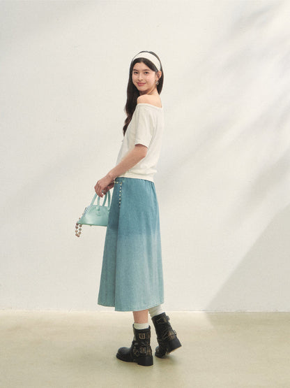 Beaded Washed Gradient Denim Skirt