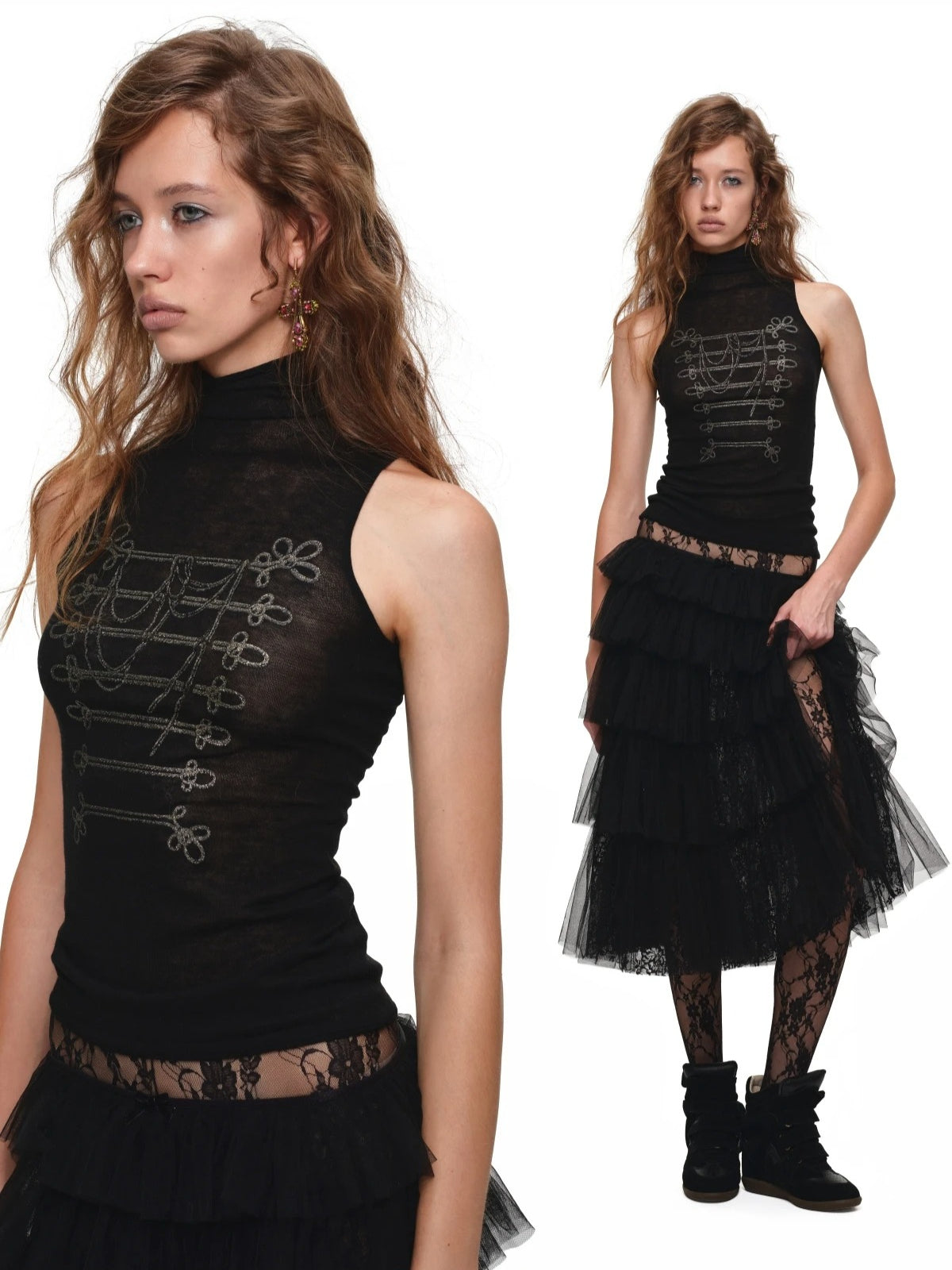 Tiered Lace Slit Midi Skirt