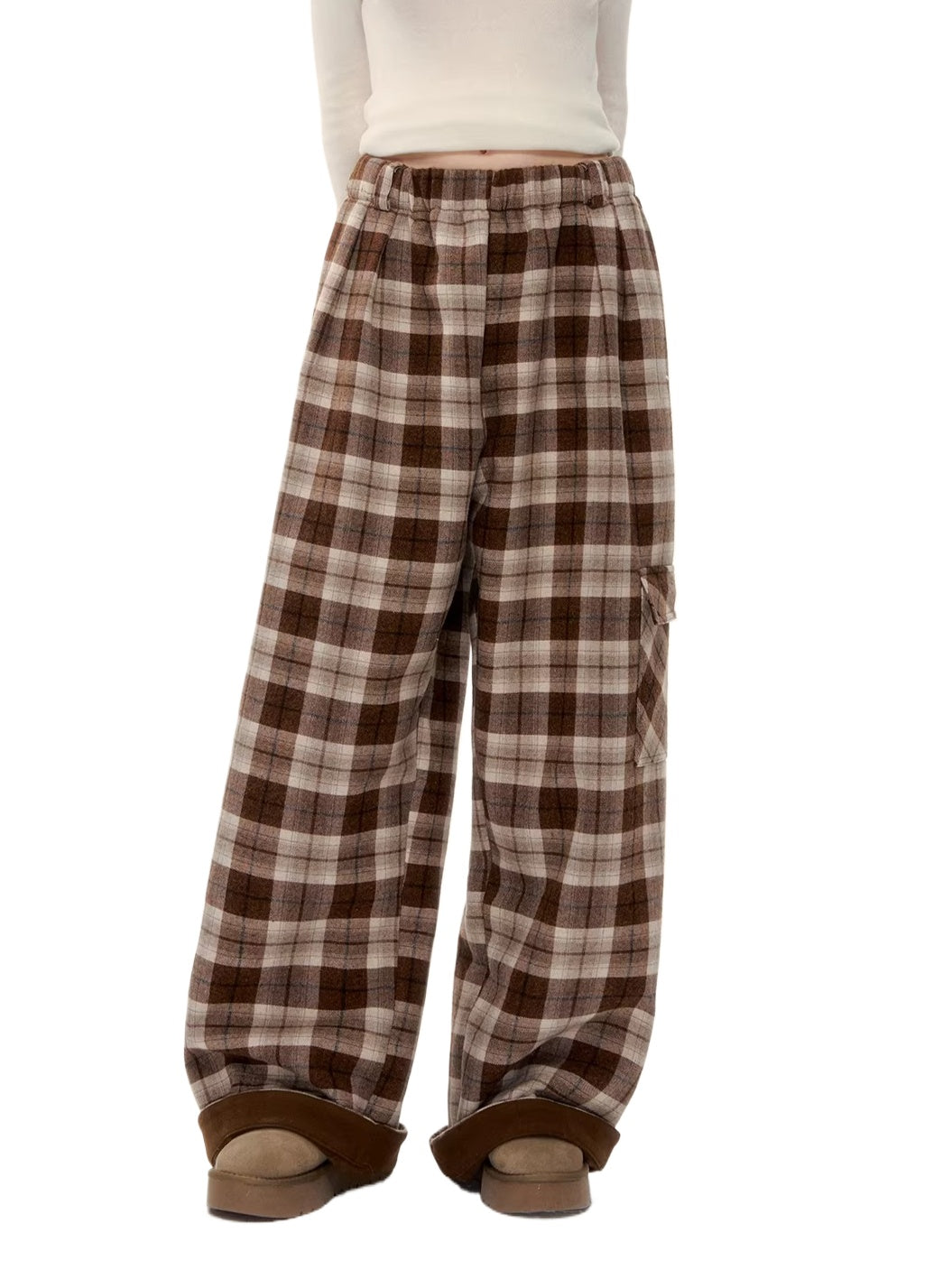 Contrast Plaid Wide-Leg Pants
