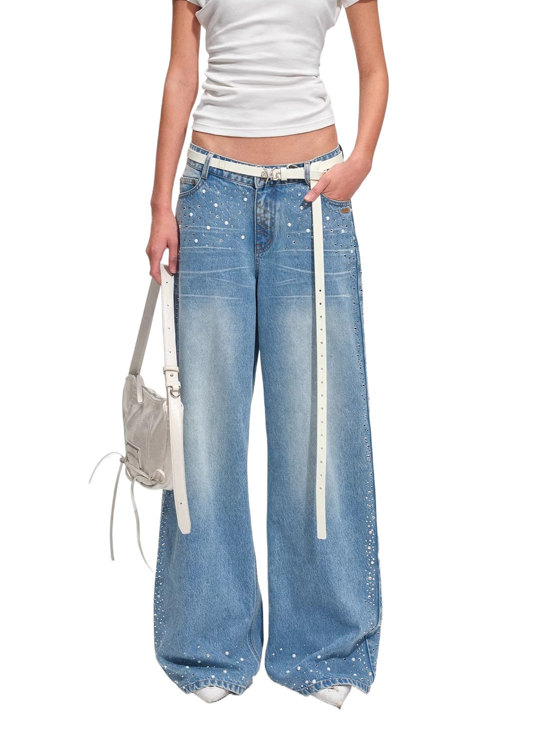Low-Rise Wide-Leg Rhinestone Denim Pants