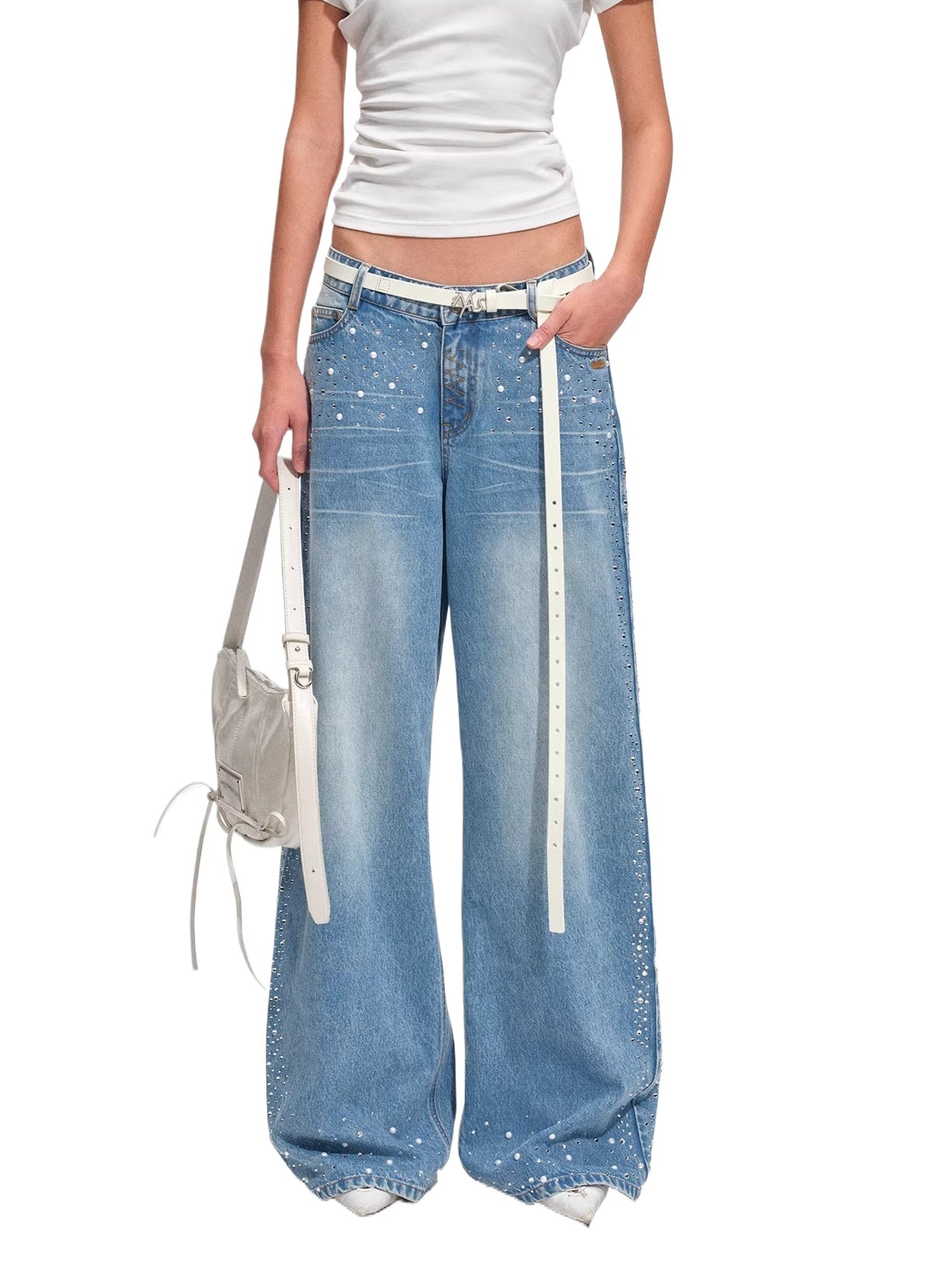 Low-Rise Wide-Leg Rhinestone Denim Pants