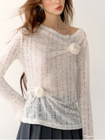 Black & Gray Hollow Knit 3D Floral Blouse