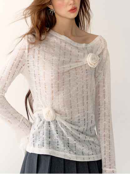 Black &amp; Gray Hollow Knit 3D Floral Blouse