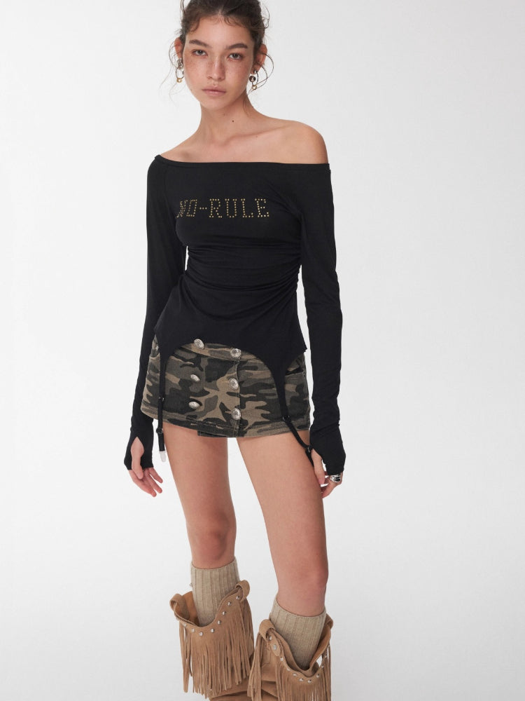 Garter Rhinestone Ruched Knit Top