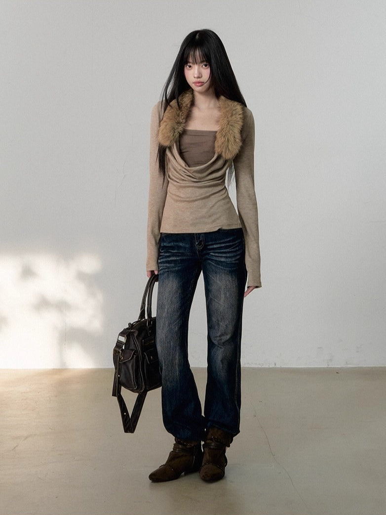 Oatmeal Fur Collar Knit Top