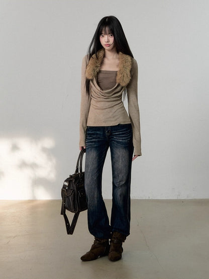 Oatmeal Fur Collar Knit Top