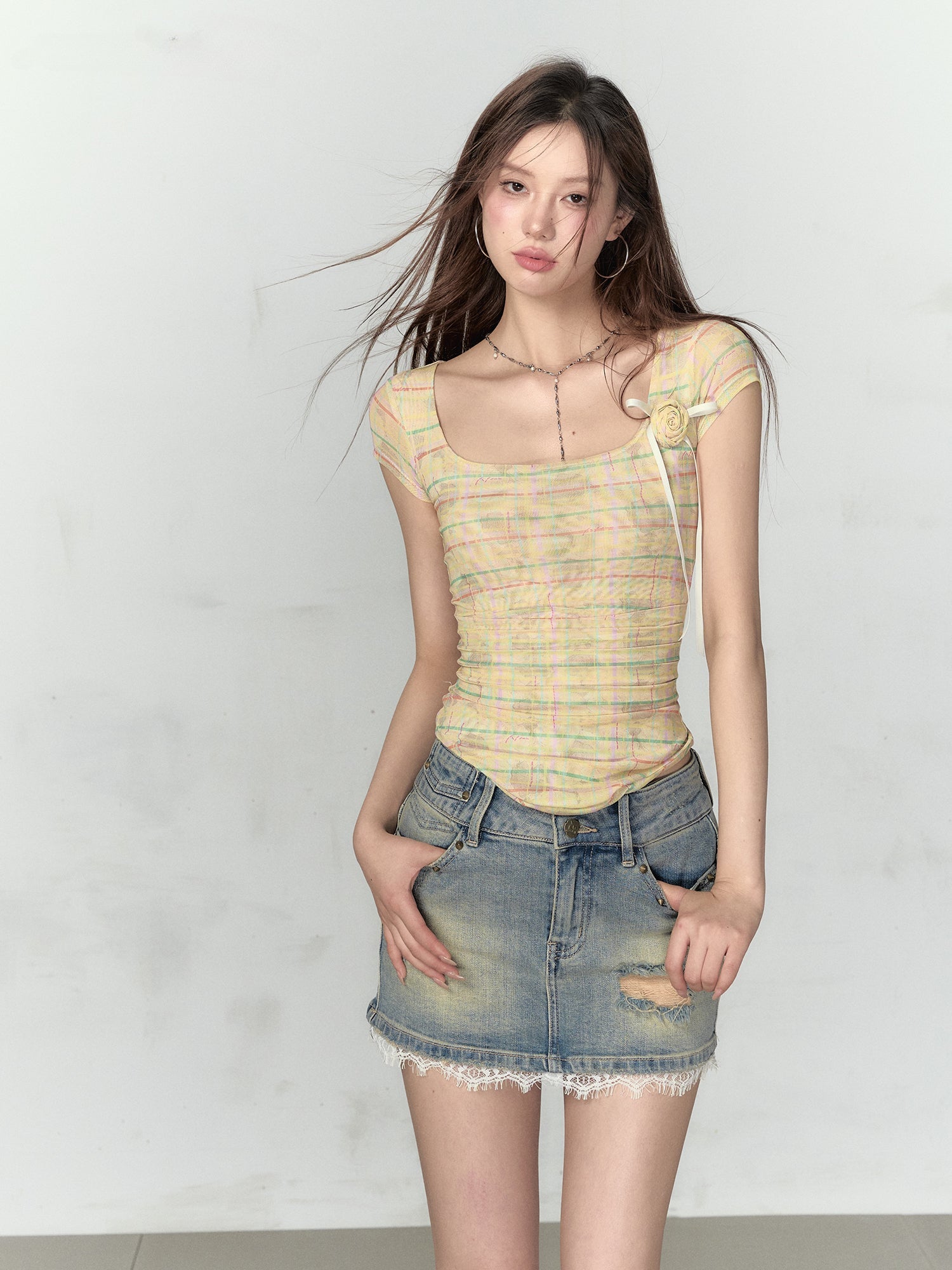 Pink &amp; Yellow &amp; Black Fitted Plaid Square Neck Top