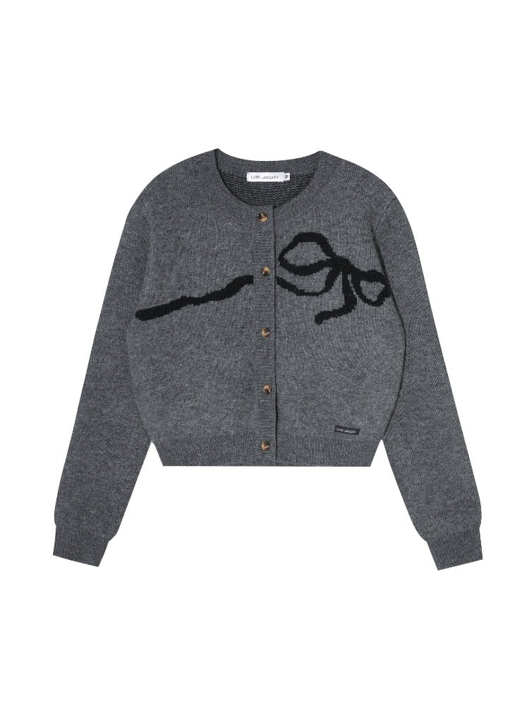 Bow Jacquard Crewneck Knit Cardigan