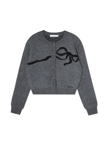 Bow Jacquard Crewneck Knit Cardigan