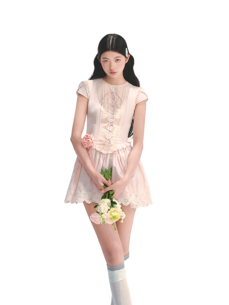 Pink Embroidered Waist - cinched Dress