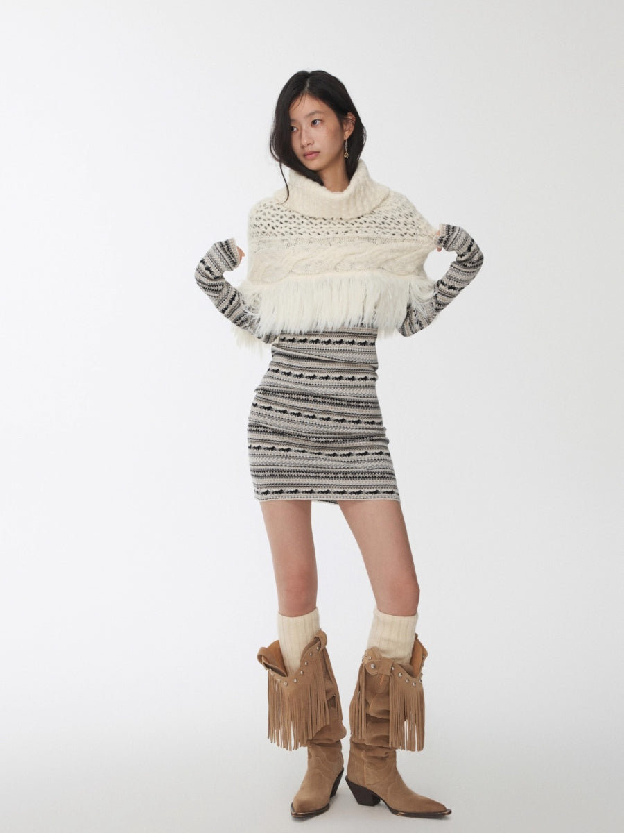 Cable Knit Fringed High-Neck Wool Blend Poncho