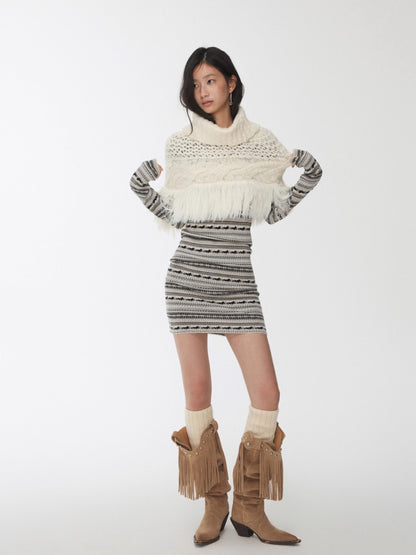Cable Knit Fringed High-Neck Wool Blend Poncho