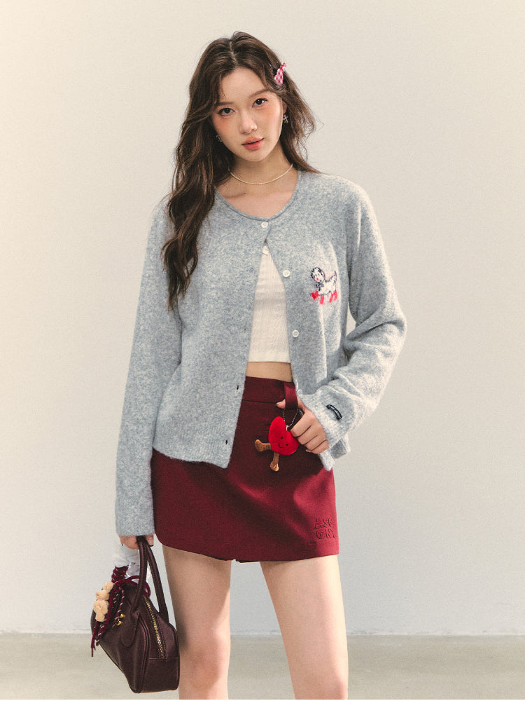 Crew Neck Dalmatian Jacquard Knit Cardigan
