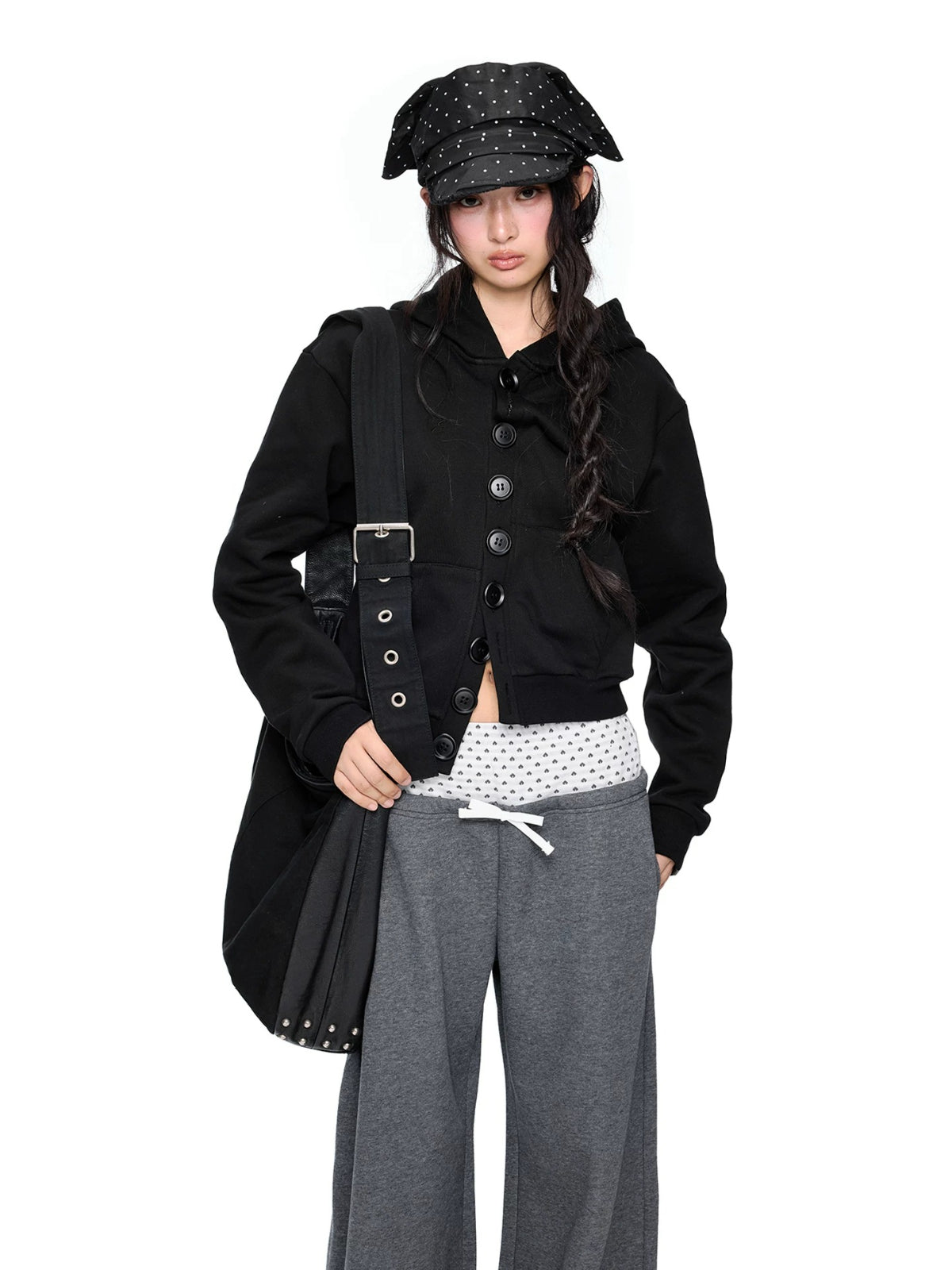 Button Embroidered Cropped Hoodie