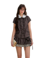 Polka Doll Collar Shirt & Skirt Set
