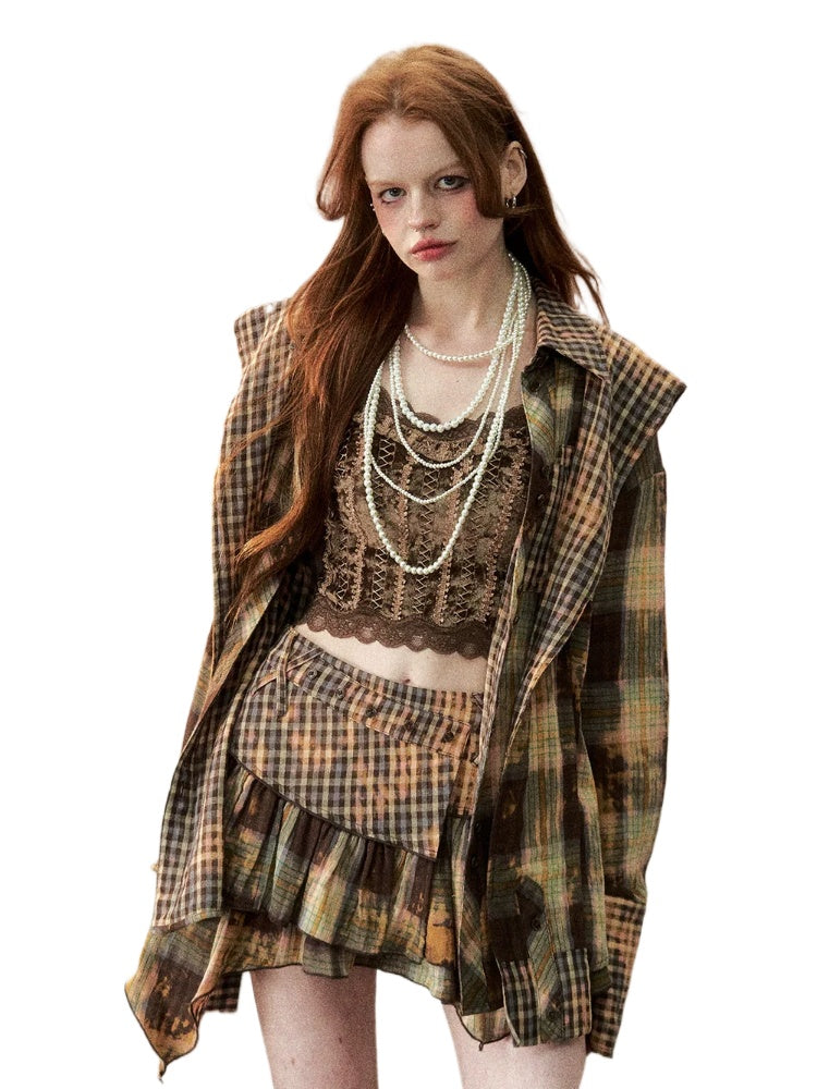 Washed Distressed Plaid Shirt & Skirt Set