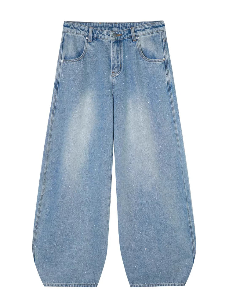 Blue Rhinestone Curved Leg Jeans