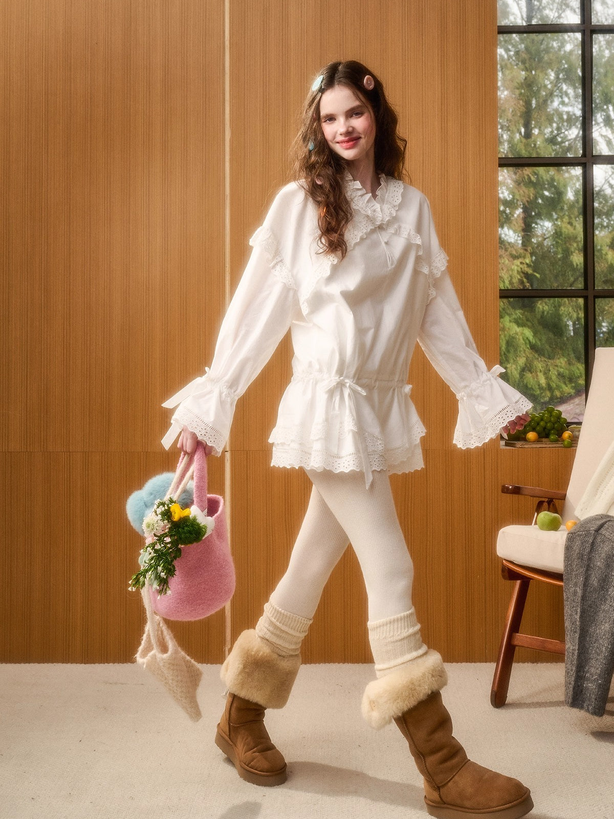 Embroidered Lace-Trim Cotton Dress