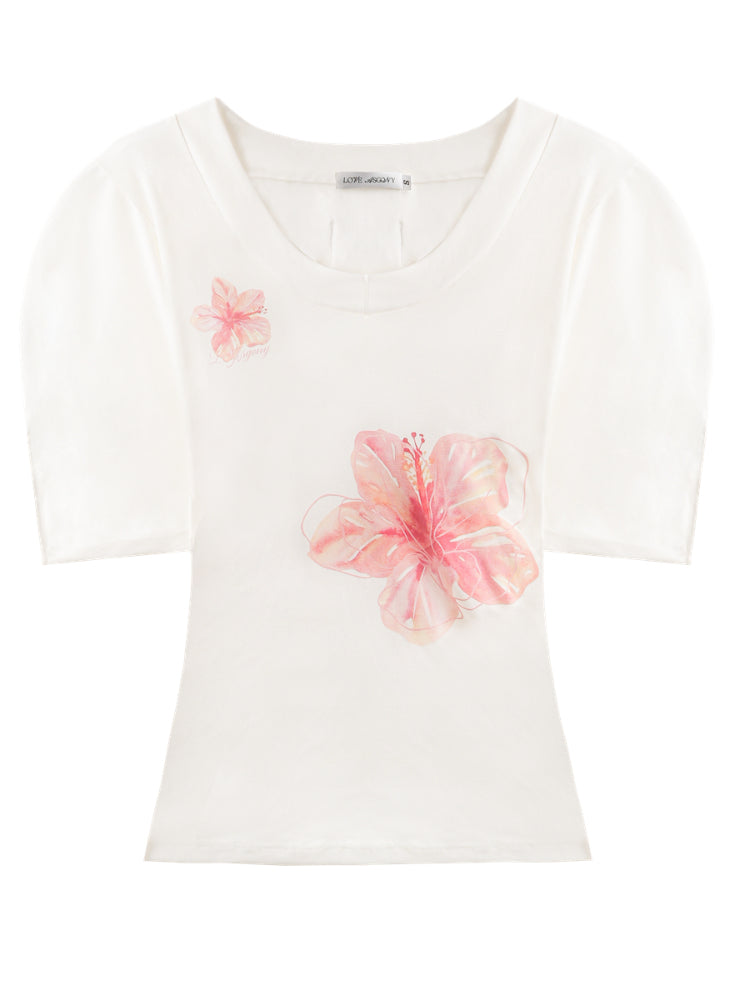 Floral V-Neck Bat-Sleeve T-Shirt