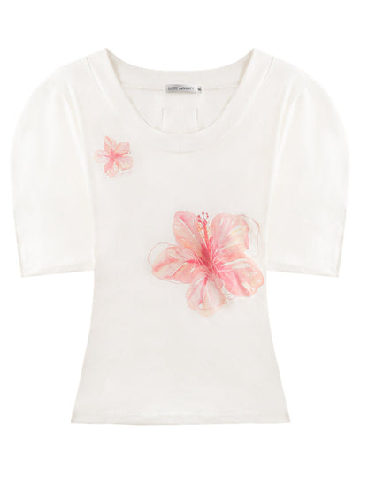 Floral V-Neck Bat-Sleeve T-Shirt